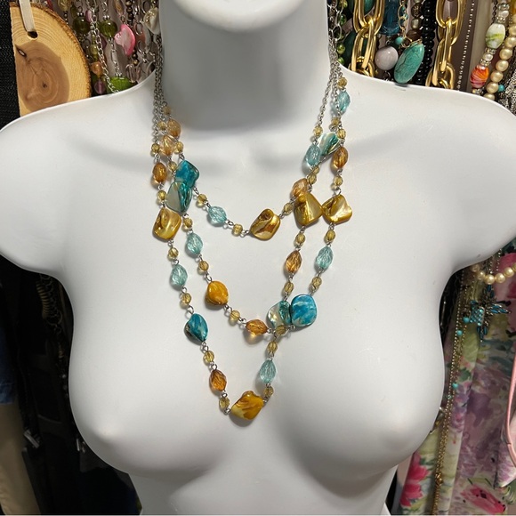 Jewelry - Brunt Orange Shell And Blue Beaded Layered Necklace
